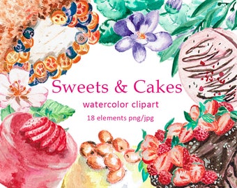 Watercolor Cake Clipart PNG, Sweet Bakery Desserts, Food Illustration, Instant Download