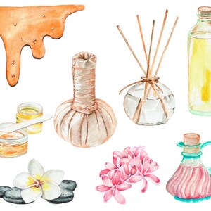 May include: Watercolor illustration of spa and wellness items. Includes a honey drip, massage ball, essential oil diffuser, oil bottle, small jars, flowers, stones, and a decorative bottle.