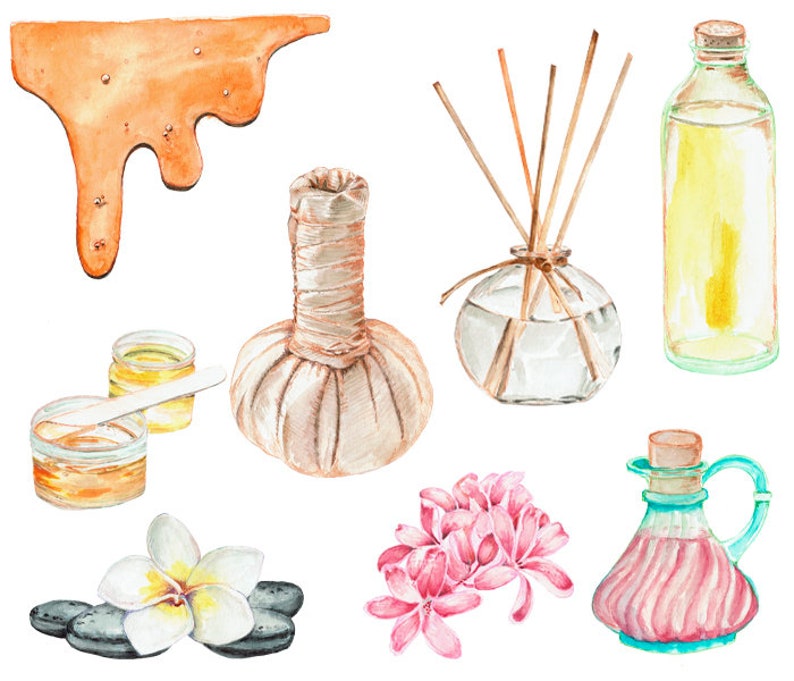 May include: Watercolor illustration of spa and wellness items. Includes a honey drip, massage ball, essential oil diffuser, oil bottle, small jars, flowers, stones, and a decorative bottle.