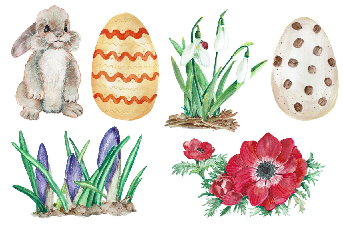 Watercolor Spring Bunnies Clipart: Floral Easter Eggs (digital Download ...