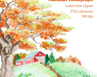 Autumn Village Watercolor Clipart: Thanksgiving Harvest PNG (Digital Download)