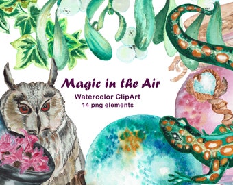 Magic Halloween Watercolor Clipart • Mystic Witch PNG Elements • Hand Painted Gothic Graphics Instant Download