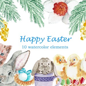 Buona Pasqua Acquerello Clipart Floreale, Coniglietto, gattino, gatto, biglietti di auguri, vivaio, mimosa ramo fiore, pasqua pollo viola fiore png