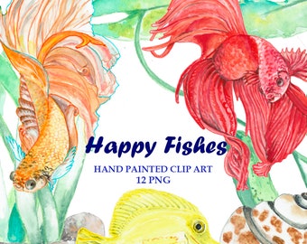 Watercolor Happy Fishes Clipart | Colorful Sea Life PNG | Exotic Aquarium Animals & Ocean Creatures