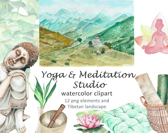 Clipart de yoga y meditación en acuarela / Paquete PNG zen con paisaje tibetano, conjunto PNG de bienestar ecológico