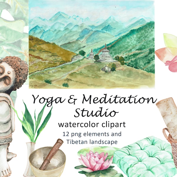 Aquarelle Yoga Méditation Zen Clipart Bio Mode de vie Fitness Pilates Relax Harmony Buddha Eco friendly