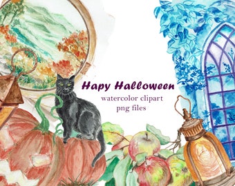 Watercolor Halloween Clipart: Mystic Fall Landscape PNG (Digital Download)