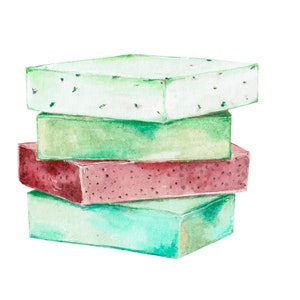 May include: Watercolor illustration of four rectangular bars stacked on top of each other. The bars are in shades of green and red, with a speckled texture. The top bar is a light green with small dark specks.