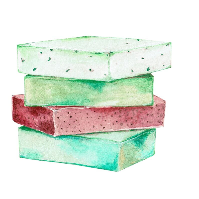 May include: Watercolor illustration of four rectangular bars stacked on top of each other. The bars are in shades of green and red, with a speckled texture. The top bar is a light green with small dark specks.