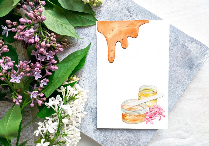May include: Watercolor illustration featuring a white card with an orange dripping design, jars of wax, a wooden spatula, and pink flowers. Lilac and green leaves are in the background.