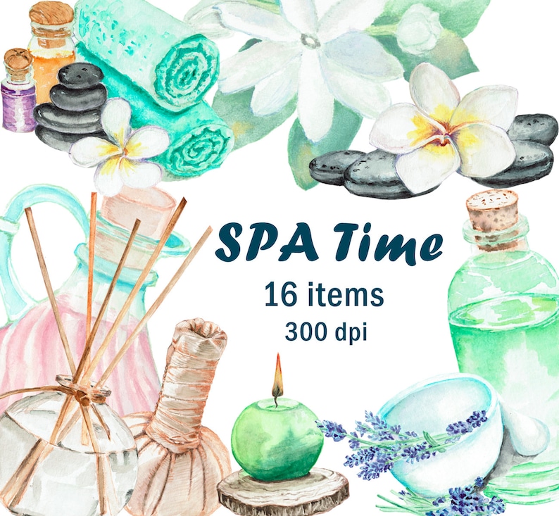 May include: Watercolor illustration of spa items, including rolled turquoise towels, black stones, white flowers, essential oil bottles, a candle, and a bowl of lavender. The text "SPA Time" is displayed.