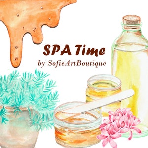May include: Watercolor illustration with spa theme. Features a dripping honey-like substance, a bottle of oil, a potted plant, jars of honey, a wooden spatula, and pink flowers. Text reads "SPA Time by SofieArtBoutique."
