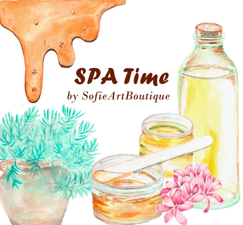 May include: Watercolor illustration with spa theme. Features a dripping honey-like substance, a bottle of oil, a potted plant, jars of honey, a wooden spatula, and pink flowers. Text reads "SPA Time by SofieArtBoutique."