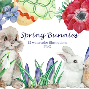 Clipart digital de acuarela de conejitos de Pascua de primavera: animalitos, huevos y flores de primavera. Clipart floral.