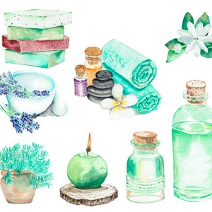 May include: Watercolor illustration of spa and wellness items. Includes stacked soaps, rolled towels, essential oil bottles, a mortar and pestle with lavender, a candle, and a potted plant. The color palette is soft, with greens, purples, and browns.