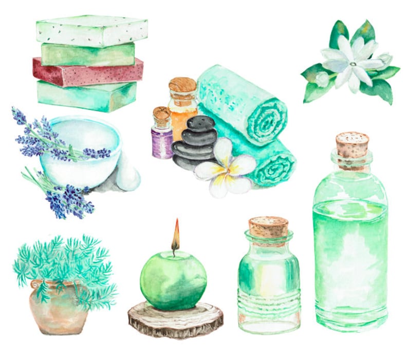 May include: Watercolor illustration of spa and wellness items. Includes stacked soaps, rolled towels, essential oil bottles, a mortar and pestle with lavender, a candle, and a potted plant. The color palette is soft, with greens, purples, and browns.