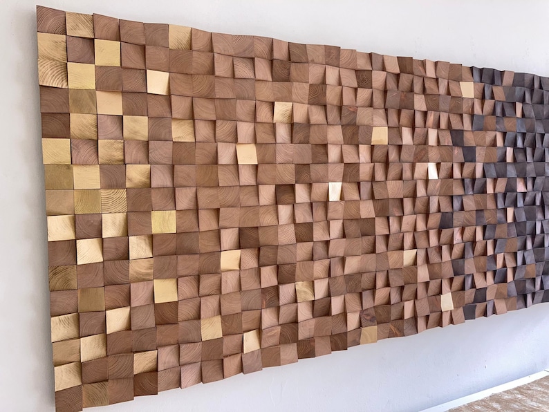 Handmade Wood Mosaic Wall Art, Acoustic Sound Diffuser Panel, Rustic ...