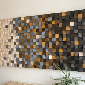 Holzkunst Wandbild Dekor Holzmosaik Akustik Panel Schallabsorber &quot;Rustikal&quot; Natur Grau Ocker Braun Handgefertigt in Deutschland