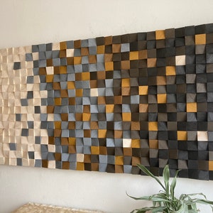 Holzkunst Wandbild Dekor Holzmosaik Akustik Panel Schallabsorber "Rustikal" Natur Grau Ocker Braun Handgefertigt in Deutschland