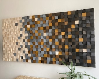 Holzkunst Wandbild Dekor Holzmosaik Akustik Panel Schallabsorber "Rustikal" Natur Grau Ocker Braun Handgefertigt in Deutschland