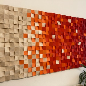 Holzkunst Wandbild Dekor Holzmosaik Akustik Panel Schallabsorber &quot;Red Carpet&quot; Natur Orange Rot Handgefertigt in Deutschland