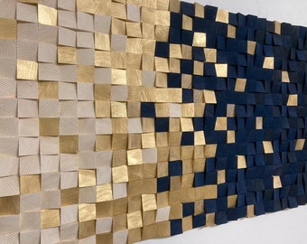 Holzkunst Wandbild Dekor Holzmosaik Akustik Panel Schallabsorber Natur Gold Blau Dunkelblau - Handgefertigt in Deutschland