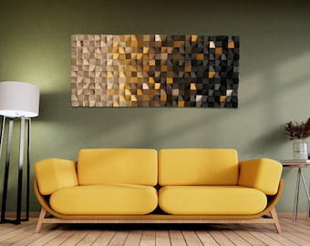 Mosaico murale in legno fatto a mano, pannello diffusore acustico, design "Curry caraibico", prodotto in Germania.