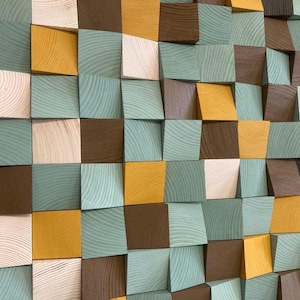 Holzkunst Wandbild Dekor Holzmosaik Akustik Panel Schallabsorber "Rustikal Grün" Natur Grün Ocker Braun Handgefertigt in Deutschland