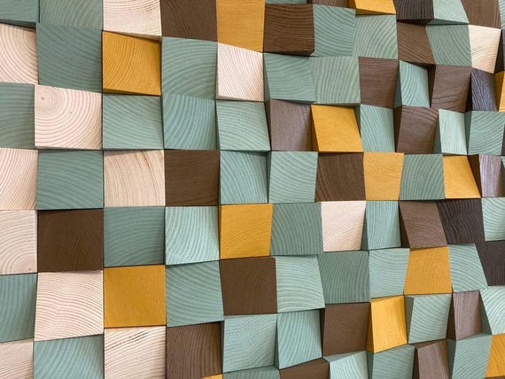 Holzkunst Wandbild Dekor Holzmosaik Akustik Panel Schallabsorber "Rustikal Grün" Natur Grün Ocker Braun Handgefertigt in Deutschland
