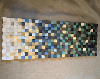 Handmade Wood Mosaic Wall Art, Acoustic Sound Diffuser Panel, Nature & Gold Design
