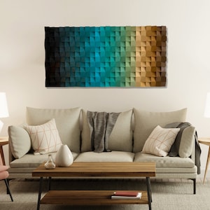 May include: A modern living room with a beige sofa, two lamps, and a coffee table. A large abstract wall art piece with a gradient of blue, green, and brown colors hangs above the sofa.