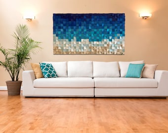 Handmade Wood Mosaic Wall Art, Acoustic Sound Diffuser Panel, Beach Ocean Design