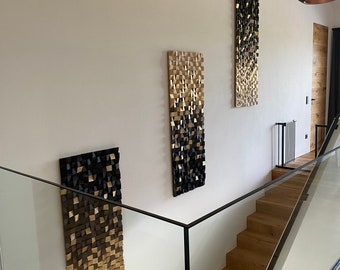 Holzkunst Wandbild Dekor Holzmosaik Akustik Panel Schallabsorber "Goldstück" Natur Gold Braun Handgefertigt in Deutschland