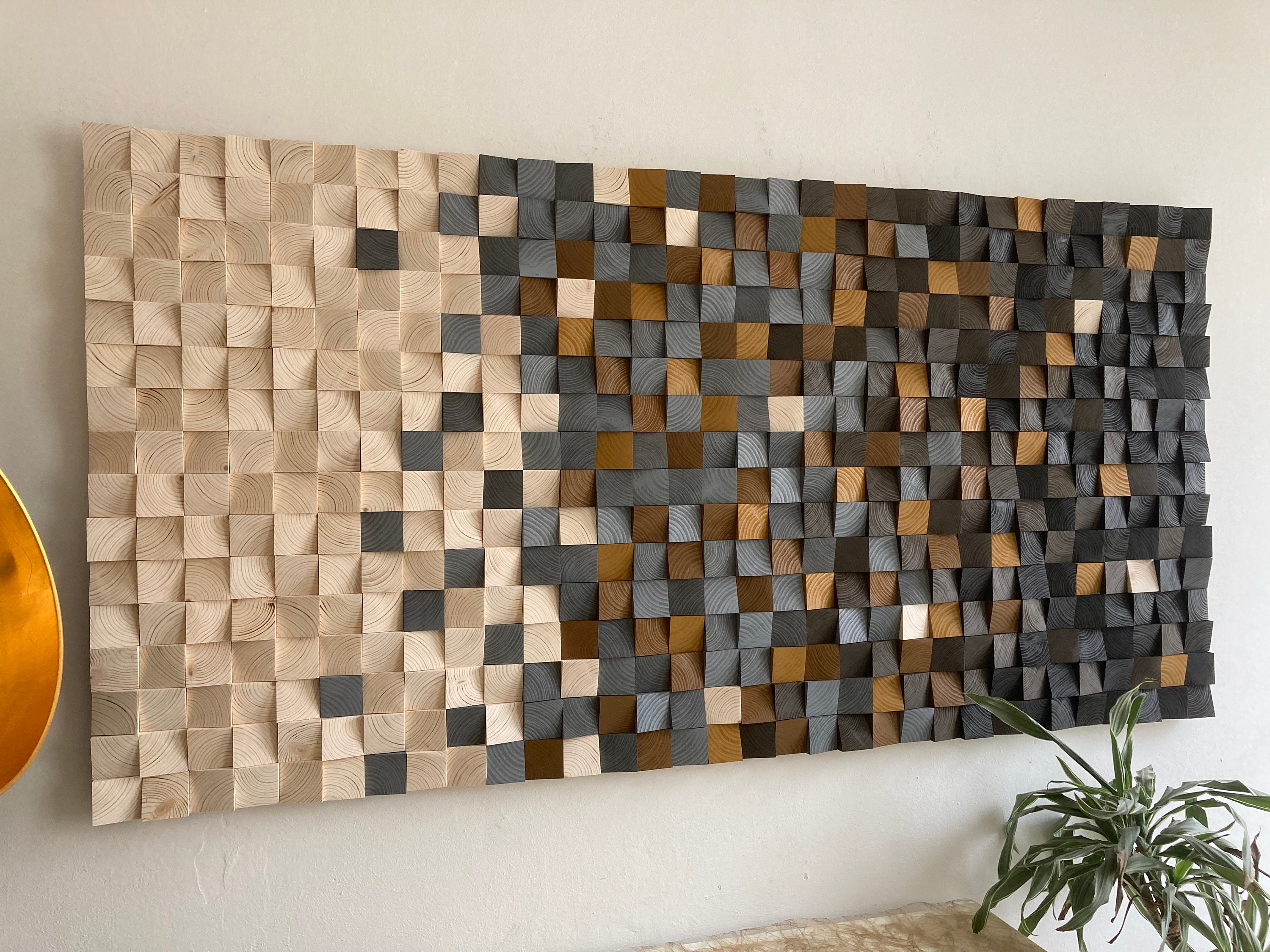 Holzkunst Wandbild Dekor Holzmosaik Schallabsorber Braun Grau Handgefertigt Akustik Norway - rustikal Deutschland Etsy Panel Natur in Ocker