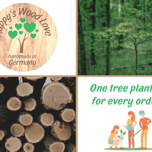 Pu&ograve; includere: Un cartello di legno con il testo "Happy's Wood Love" e un albero verde con cuori. Il cartello dice anche "fatto a mano in Germania". Sotto il cartello c'&egrave; una pila di tronchi di legno. Il testo "Un albero piantato per ogni ordine!" &egrave; in verde su sfondo bianco. Ci sono tre persone che piantano un albero.