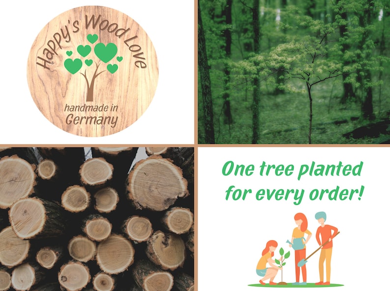 Pu&ograve; includere: Un cartello di legno con il testo "Happy's Wood Love" e un albero verde con cuori. Il cartello dice anche "fatto a mano in Germania". Sotto il cartello c'&egrave; una pila di tronchi di legno. Il testo "Un albero piantato per ogni ordine!" &egrave; in verde su sfondo bianco. Ci sono tre persone che piantano un albero.