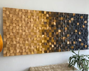 Handmade Wood Mosaic Wall Art, Acoustic Sound Diffuser Panel, Curry & Oil Design