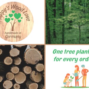 May include: A collage of images. The top left image is a wooden circle with the text "Happy's Wood Love" and "handmade in Germany". The bottom left image shows cut logs. The top right image is a forest. The bottom right image says "One tree planted for every order!"