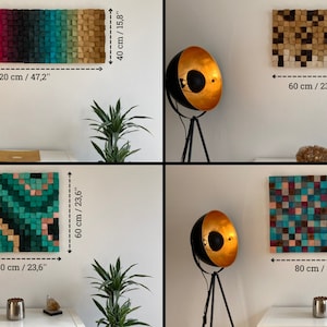 Pu&ograve; includere: Quattro diversi pezzi di arte da parete in legno in vari colori e motivi. I pezzi misurano 120 cm per 40 cm, 60 cm per 40 cm, 60 cm per 60 cm e 80 cm per 60 cm.