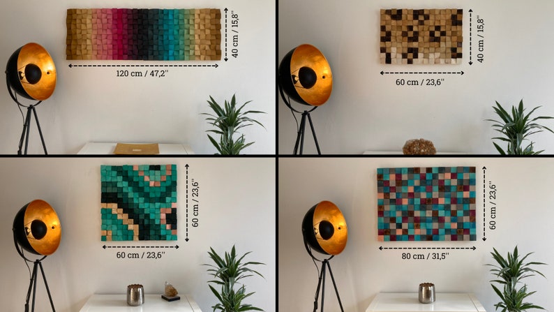 Pu&ograve; includere: Quattro diversi pezzi di arte da parete in legno in vari colori e motivi. I pezzi misurano 120 cm per 40 cm, 60 cm per 40 cm, 60 cm per 60 cm e 80 cm per 60 cm.