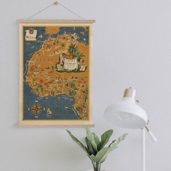 Pictorial Map of North and West Africa on Canvas Print with Hanger Frames| Vintage Wall Map| Art Canvas for Home & Office Decoration