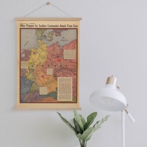 May include: A vintage map depicting a political scenario in post-World War II Germany. The map shows the Allied forces' preparation for a potential communist attack from the east. The map is titled "Allies Prepare for Sudden Communist Attack From East".