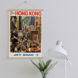 Hanger Framed Canvas Print of Vintage Hong Kong Travel Advertisement| Wall Art Prints| Canvas Wall Art| Ready to Hang| Vintage Wall Decor