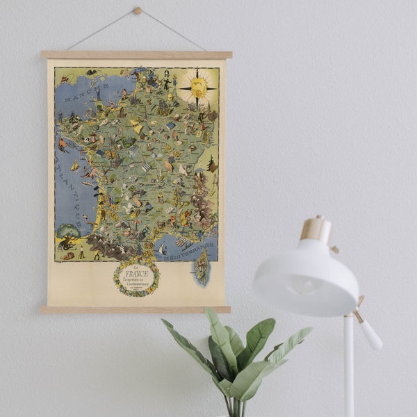 Gastronomic Map of France on Canvas Print with Hanger Frames| Vintage Wall Map| Art Canvas for Home & Office Decoration