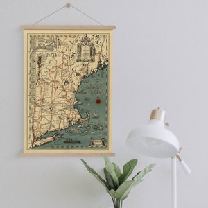 Ingelijste Canvas Kaart van New England uit 1928| Kunst aan de muur Prints| Canvas Kunst aan de Muur| Klaar om op te hangen| Moderne kunst aan de muur| Vintage Kaart Wall Decor
