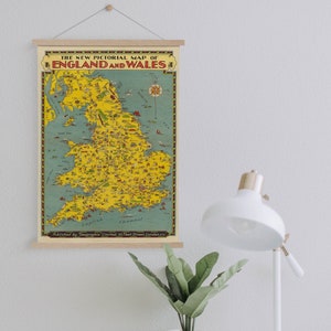 Picturale Kaart van Engeland en Wales Canvas Print| Kunst aan de muur Prints| Canvas Kunst aan de Muur| Klaar om op te hangen| Moderne kunst aan de muur| Vintage Kaart Wall Decor