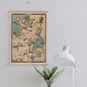 Carte picturale des années 1940 du comté de Simcoe sur toile imprimée avec des cadres de cintre| Carte murale vintage| Toile d’art pour la décoration de la maison et du bureau