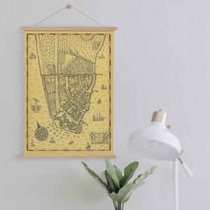 Carte picturale du 17ème siècle de Manhattan sur toile imprimée avec des cadres de cintre| Carte murale vintage| Toile d’art pour la décoration de la maison et du bureau