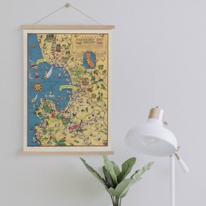 1930er Jahre Bildkarte von Monterey Bay auf Leinwand Druck mit Aufhängerahmen| Vintage Landkarte| Kunst Leinwand für Zuhause & Büro Dekoration
