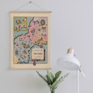 Carte du West Country de 1936 Framed Canvas Print| Gravures d’art mural| Art mural sur toile| Prêt à accrocher| Art mural moderne| Décor mural de carte vintage